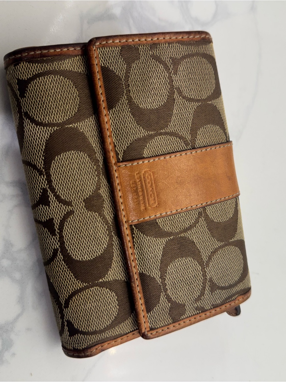 Coach Signature Canvas Trifold Wallet in Brown and Tan
